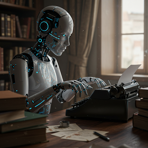 Robot typing on a manual typewriter.