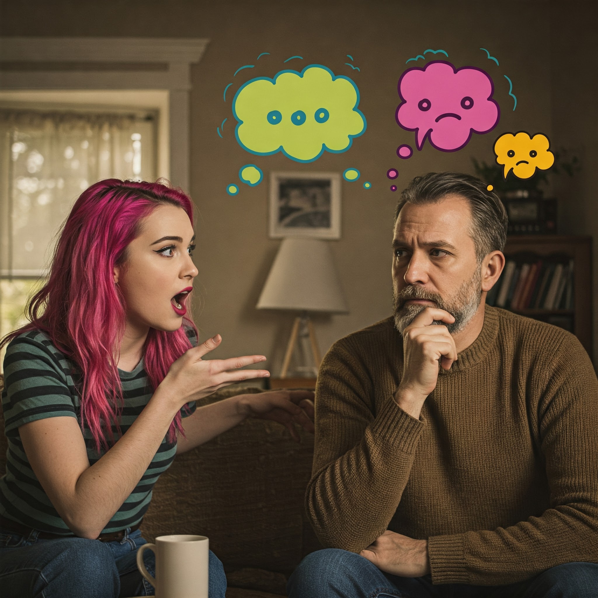 Speech bubbles indicate young woman mixing up words while speaking with judgmental older man