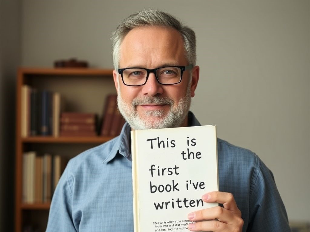 Man holding a book with the title "This is the first book I've written
