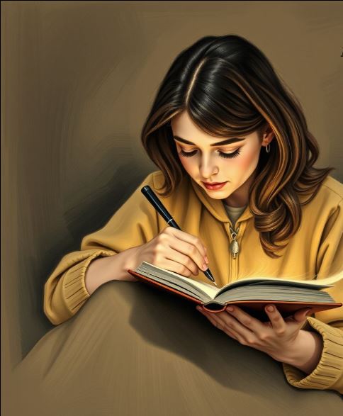 Woman writing in a book with a pen