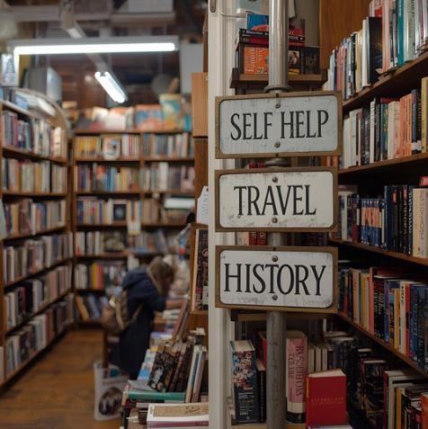 A library with signs for each book's genre