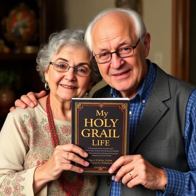 Two older people holding up a book titled "My Holy Grail Life"