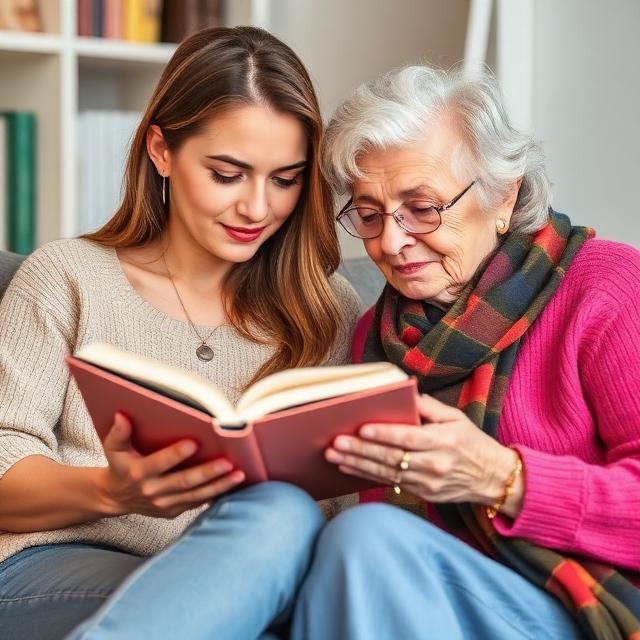 Older woman showing book to younger woman