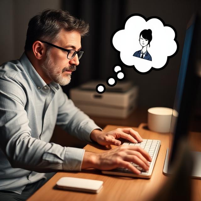 Man writing on a keyboard while picturing a young woman