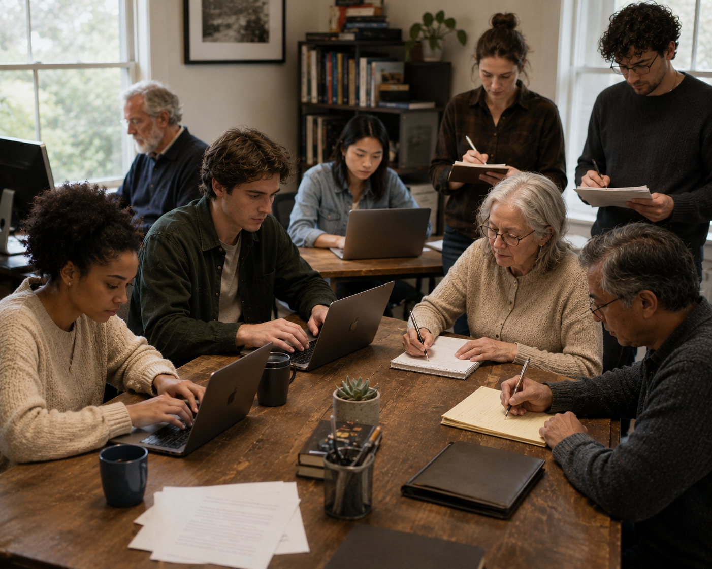 room of people writing on laptops and notepaper